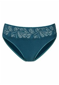Tealfärgad bikiniinspirerad underklänning med en spetssöm som har ett blommönster. Slät tygkvalitet med elastiska kanter för komfort.