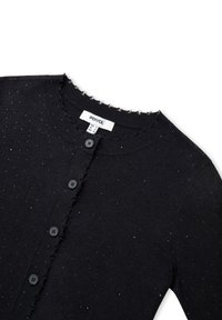 Schwarze Strickjacke mit rundem Ausschnitt, mit gewelltem Saum, fünf schwarzen Knöpfen und subtilen Glitzerakzenten im gesamten Stoff.