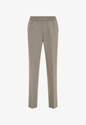 Beige rechte broek met elastische tailleband en subtiele verticale textuur, ontworpen voor comfort en casual gebruik.