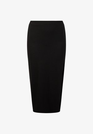 Fustă midi tricotată neagră, cu un design ajustat, având o fanta laterală și o textură netedă. Potrivită pentru diverse ocazii.