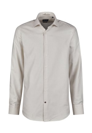 Light beige long-sleeve shirt in textured fabric with a button-down front, collar, and single chest pocket. Features white buttons and subtle pattern.
