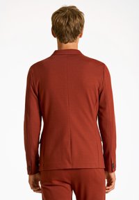 Giacca da uomo color ruggine con revers a punta, design aderente, tessuto strutturato e dettagli con bottoni sui polsini. La vista posteriore mette in evidenza linee morbide.