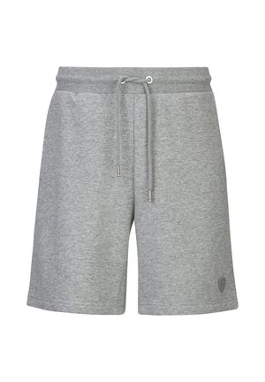Graue lässige Shorts mit Kordelzug an der Taille und kleinem gesticktem Emblem nahe dem unteren Saum, hergestellt aus weichem, meliertem Stoff.