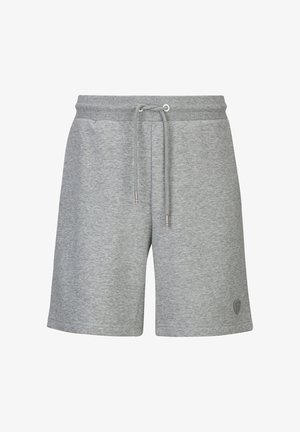 Shorts décontractés gris avec taille à cordon de serrage et petit emblème cousu près de l'ourlet inférieur, confectionnés dans un tissu doux chiné.