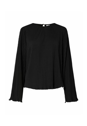 Zwarte geplooide top met lange mouwen, een ronde hals en een sleutelgatdetail aan de achterkant, gemaakt van een zachte, lichte stof.