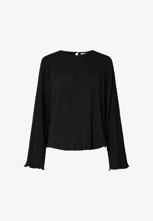 Top negro de manga larga con pliegues, escote redondo y detalle de abertura en la espalda, confeccionado con una tela suave y ligera.