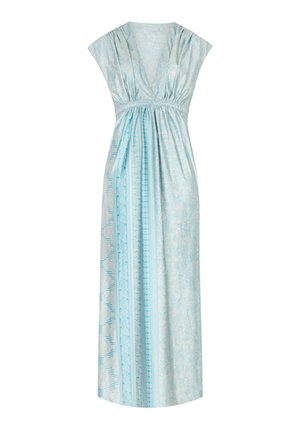Hellblaues Maxikleid mit V-Ausschnitt, geraffter Taille und Cap-Ärmeln. Ausgestattet mit gemustertem Stoff mit weicher Textur und seitlicher Drapierung.