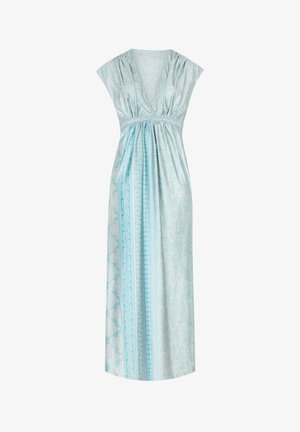 Duga svijetloplava haljina s V-izrezom, skupljenim strukom i kratkim rukavima. Izrađena je od tkanine s uzorkom i mekom teksturom te ima bočni nabor.