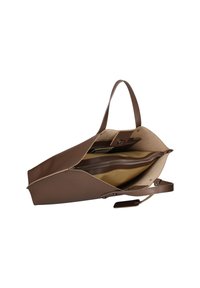 Borsa a tracolla in pelle marrone con un'ampia apertura, interno beige e un compartimento con zip. Presenta manici robusti e una finitura liscia.