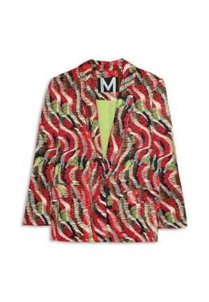 Blazer met een abstract golfpatroon in rood, zwart, bruin en groen, enkele knoopsluiting en twee steekzakken aan de voorkant, maat medium.