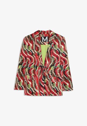 Blazer met een abstract golfpatroon in rood, zwart, bruin en groen, enkele knoopsluiting en twee steekzakken aan de voorkant, maat medium.