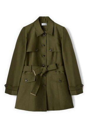 Olivgrüner Trenchcoat mit Knopfverschluss, tailliertem Gürtel, Klappentaschen, langen Ärmeln und klassischem Kragen.