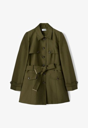 Olivgrüner Trenchcoat mit Knopfverschluss, tailliertem Gürtel, Klappentaschen, langen Ärmeln und klassischem Kragen.