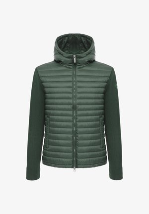 Tamsiai žalia pūsta striukė su užtrauktuku, ilgomis megztomis rankovėmis, prisisegama gaubtu ir šoninėmis kišenėmis, priekis baltame fone.