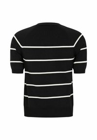 Črn pulover s kratkimi rokavi, okrašen z belimi vodoravnimi črtami, rebrastim ovratnikom in spodnjim robom ter sproščenim krojem z gladko teksturo.