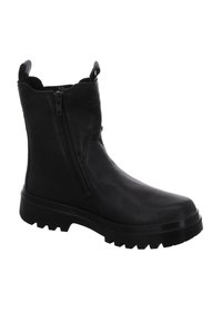 Stivale in pelle nero a mezza calzatura con zip laterale, linguette per la calzata e suola spessa e robusta, progettato per utilizzo all'aperto o casual.