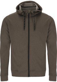 Hoodie zippé marron en tissu texturé, avec cordons de serrage ajustables et une fermeture éclair noire. Doté d'une capuche doublée et de poignets en côtes.