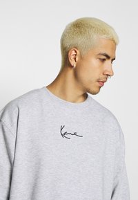 Lys grå sweatshirt lavet af blødt stof, med et sort signaturlogo på brystet og en rund halsudskæring.