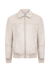 Beige semsket jakke med lynlås foran, lambsuldkraag, sidelommer og ribbede manchetter. Den glatte tekstur og de rene linjer definerer designet.
