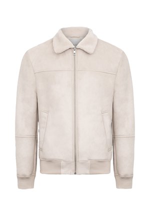 Giacca in suede beige con zip frontale, colletto in shearling, tasche laterali e polsini a coste. La texture liscia e le linee pulite definiscono il design.