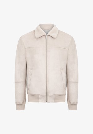 Beige suede jacket with a zip front, shearling collar, side pockets, and ribbed cuffs. Smooth texture and clean lines define the design.