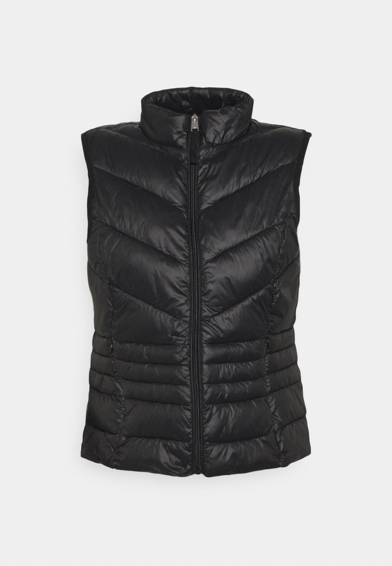 Czarna kamizelka puchowa z wysokim kołnierzem, z charakterystycznym przeszyciem w kształcie litery V oraz pełnym zamek błyskawiczny z przodu. Materiał ma gładką, błyszczącą teksturę.