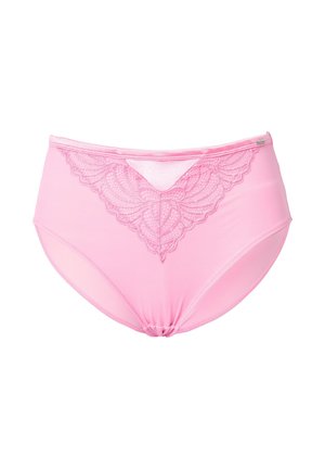 Różowe majtki z wysokim stanem z koronkowymi zdobieniami z przodu, o gładkiej fakturze i elastycznym paskiem w talii dla komfortu.