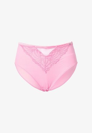 Różowe majtki z wysokim stanem z koronkowymi zdobieniami z przodu, o gładkiej fakturze i elastycznym paskiem w talii dla komfortu.