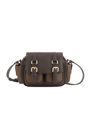 Two-tone leather crossbody bag featuring a dark gray main body and brown side pockets, with gold hardware and adjustable strap.