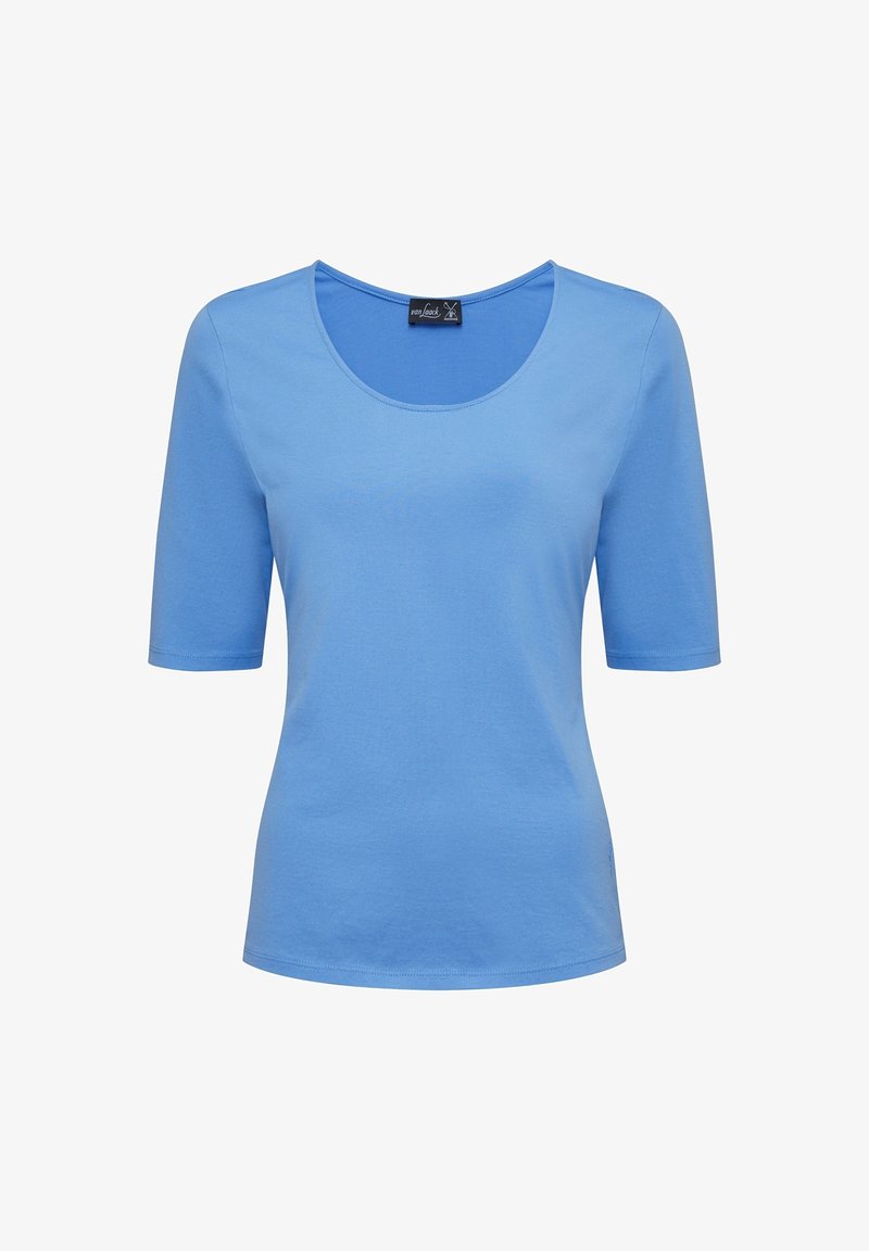 T-shirt femme bleu clair à manches courtes avec un col rond et une silhouette ajustée.