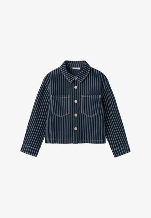 Jūras spēku džinsu jaka ar baltām vertikālām svītrām, garām piedurknēm, divām krūšu kabatām un sudraba pogām. Iezīmē klasisku apkakli un īsāku dizainu.