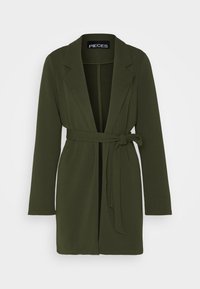 Olive green, long-sleeved blazer with notched collar, open front, and waist tie. Smooth fabric with a relaxed fit and subtle texture.