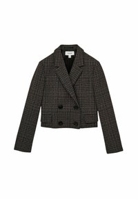 Krátká dvouřadá bunda v černobílém houndstooth vzoru. Obsahuje velké černé knoflíky a strukturované klopy. Texturovaná tkanina.