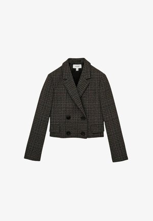 Cropped double-breasted jacket in black and white houndstooth pattern. Features large black buttons and structured lapels. Textured fabric.