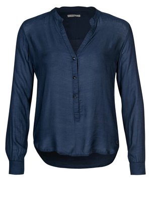Dunkelblaue Langarmbluse mit V-Ausschnitt, drei Knöpfen vorne und leicht gerundetem Saum.