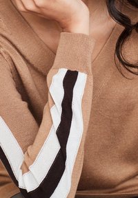 Brauner Strickpullover mit V-Ausschnitt, der vertikale Streifen in Weiß und Dunkelbraun an den Ärmeln aufweist. Weicher Stoff, taillierte Form.