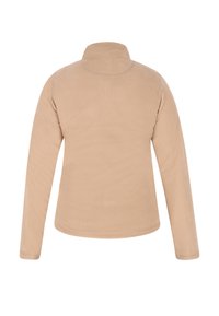 Giacca in fleece beige con colletto alto, maniche lunghe e una texture liscia e morbida. Design semplice senza componenti visibili o motivi.