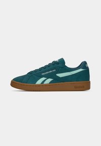 Tyrkysové semišové tenisky s světle modrými akcenty, kulatou špičkou a gumovou podrážkou. Obsahují šněrovací design a branding Reebok.