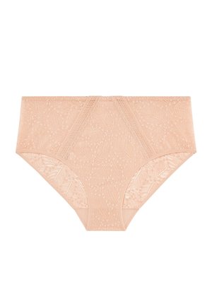 Beige blonder trusser med høj talje med blomstermønster og halvgennemsigtige netpaneler på siderne og forsiden.