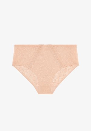 Sous-vêtement taille haute beige en dentelle avec motif floral et panneaux en mesh semi-transparent sur les côtés et à l'avant.