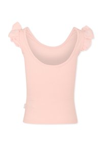 Top in magenta a costine con una scollatura ampia e morbidi dettagli arricciati alle spalle. Presenta una silhouette aderente e una superficie liscia.