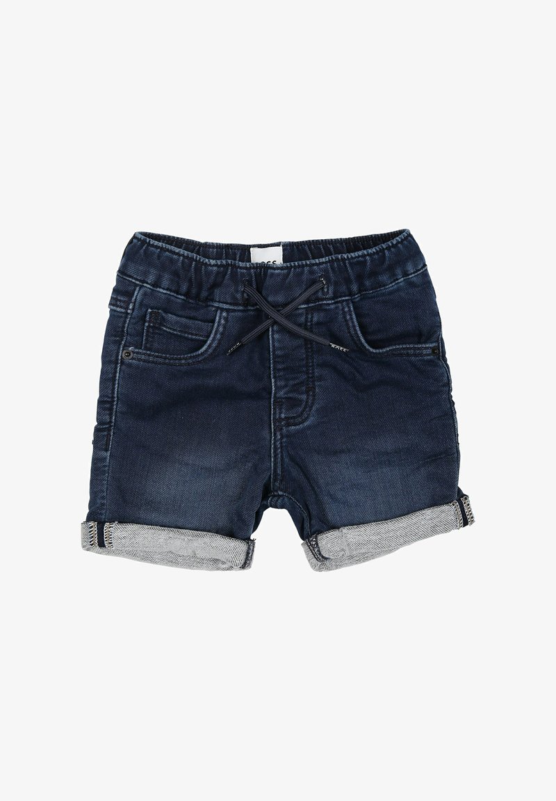 Shorts en denim bleu foncé, avec une taille élastique à cordon de serrage, des poches avant et des ourlets roulés avec un contraste.