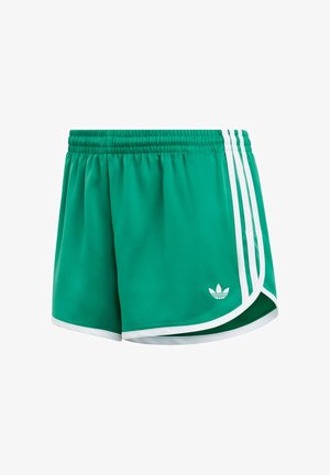 Green athletic shorts made of lightweight fabric, featuring white trim and three white stripes along the sides. Includes an embroidered logo.