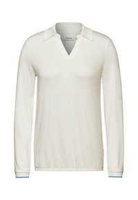 Polo bianco a maniche lunghe con scollatura a V e accenti blu a contrasto sui polsini. Realizzato in tessuto morbido con una silhouette aderente.