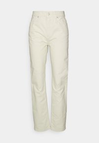 Ljust beige byxor med rak ben-design, tillverkade av ett slitstarkt tyg, med knappstängning och sidofickor.