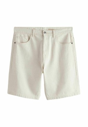 Beige Baumwollshorts mit Frontknopf und Reißverschluss, Gürtelschlaufen und Fünf-Taschen-Design, als Regular Fit gekennzeichnet.