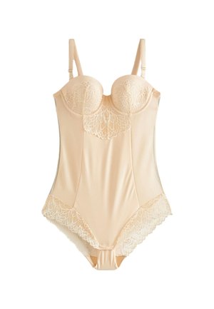 Beige heldragt med bøjle-bh, blonde detaljer på bryst og hofter, justerbare stropper og glat satinlignende stof.