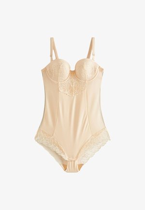 Beige heldragt med bøjle-bh, blonde detaljer på bryst og hofter, justerbare stropper og glat satinlignende stof.