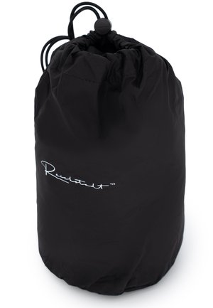 Black drawstring bag made of water-resistant fabric, featuring a gathered top and white logo. Smooth texture and cylindrical shape.