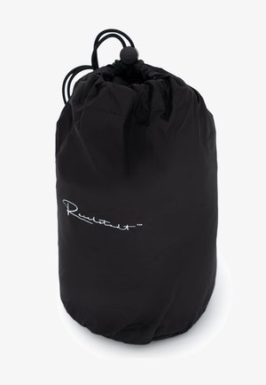 Black drawstring bag made of water-resistant fabric, featuring a gathered top and white logo. Smooth texture and cylindrical shape.